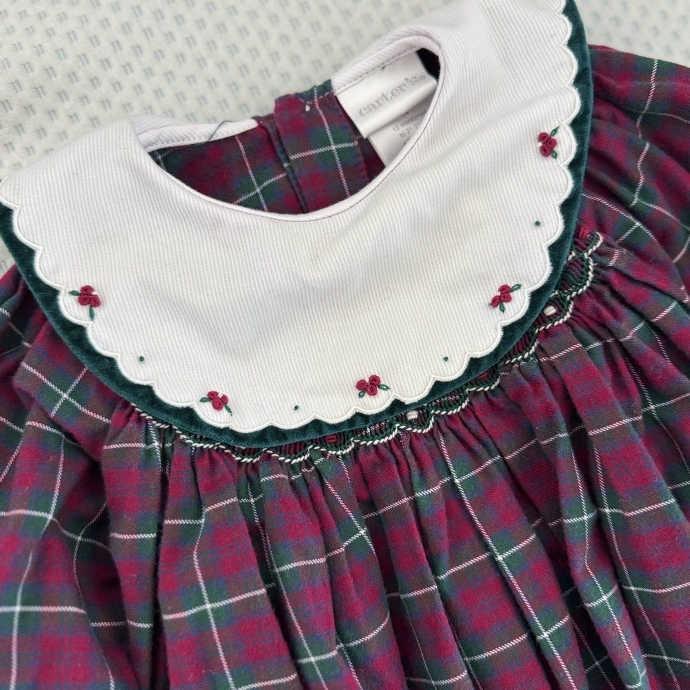 Vintage Carter’s Baby Long Sleeve Plaid Romper with White Floral Collar Size 12m - Picture 6 of 8